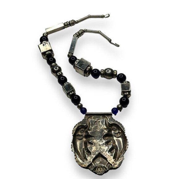 Vintage Tribal Silver Tone Statement Necklace Elephant Pendant Blue Beads 28in - Picture 6 of 12
